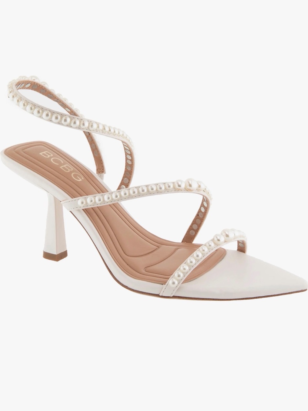 BCBG Imani Slingback Sandal - Women’s White Pearl-Embellished Strappy Heel - 8.5